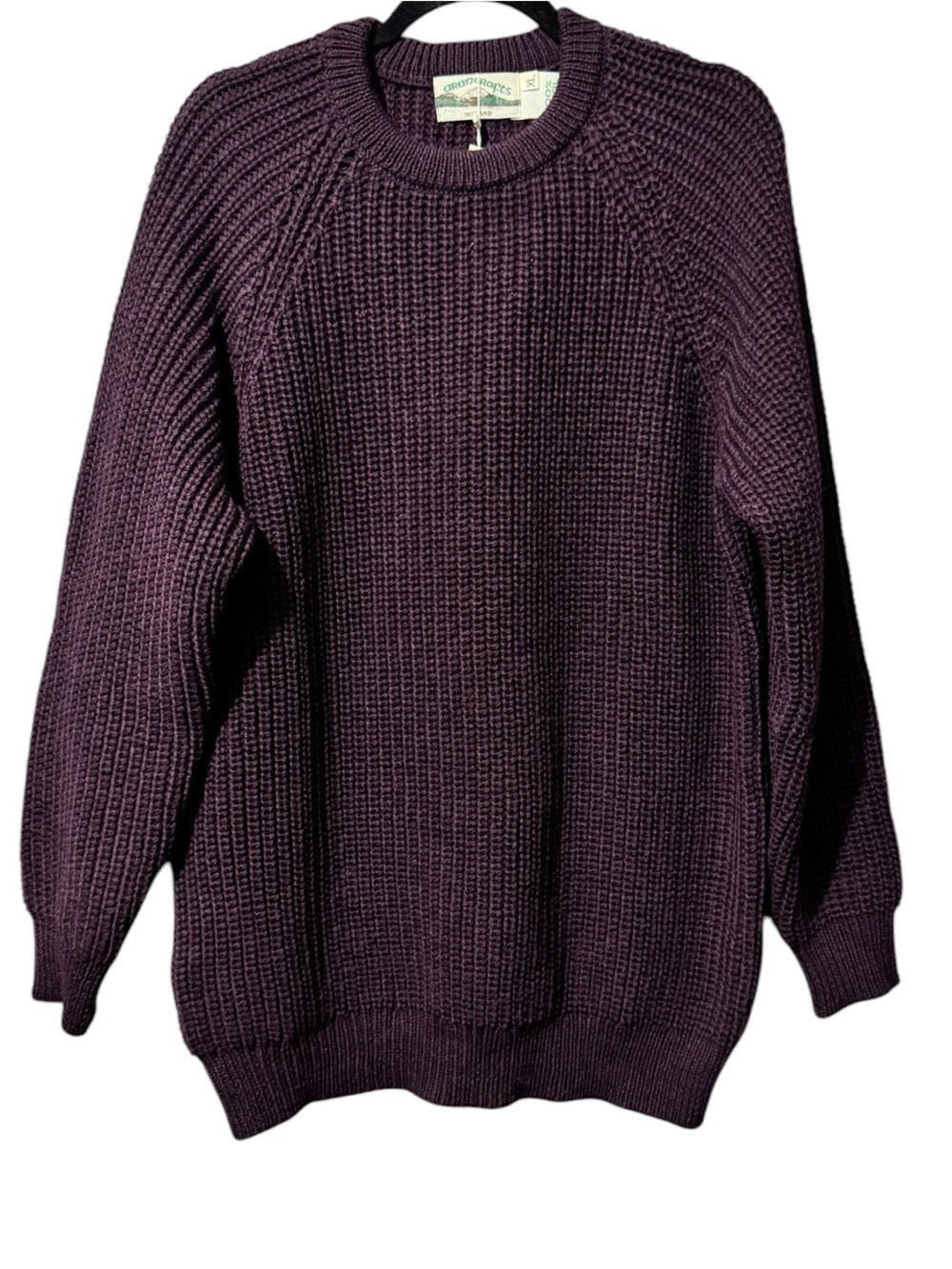 Aran Crafts Ireland Wool Fisherman Sweater XL Purple Chunky Knit Raglan Crewneck